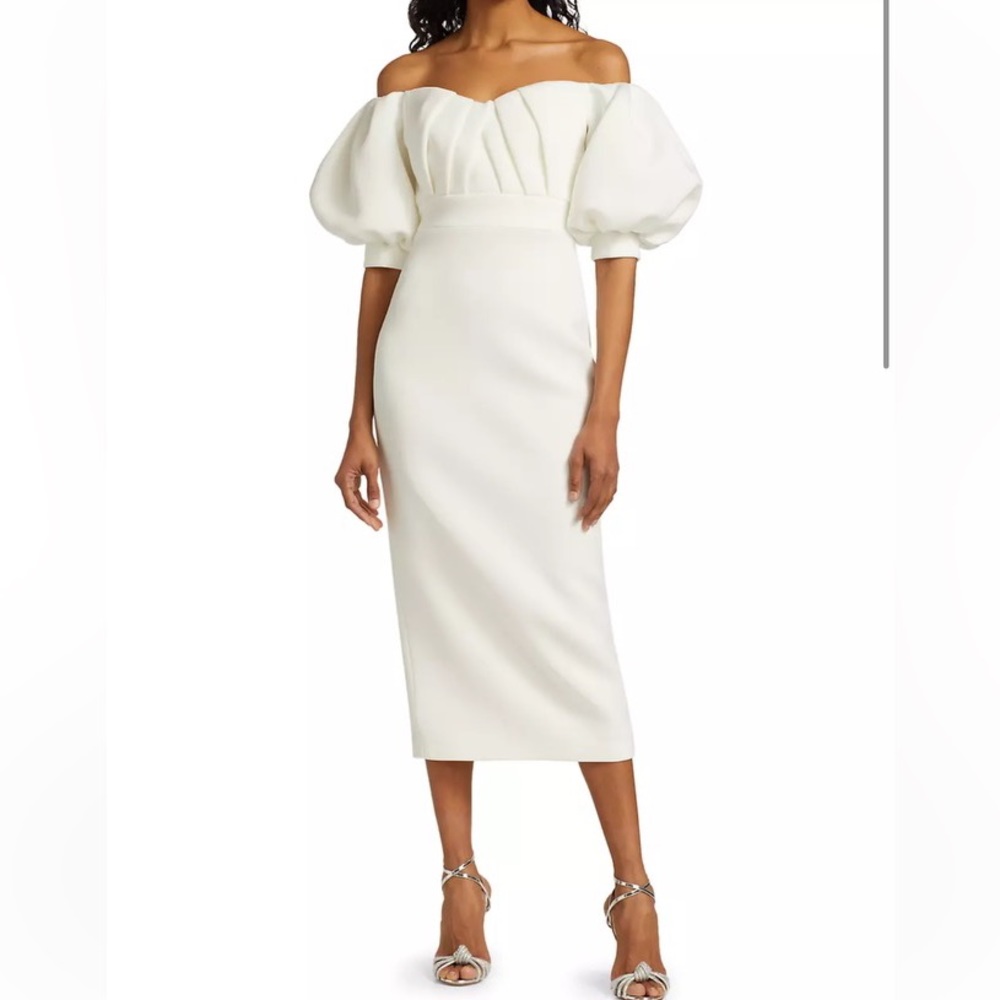 Badgley Mischka Off-Shoulder Puff Sleeve Midi Dress in White